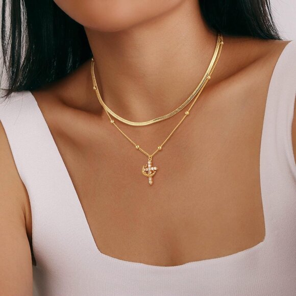 Women  Chain Set, Gold 14K Gold Plated Crown Cross Necklace - Non-Tarnish - Picture 4 of 6